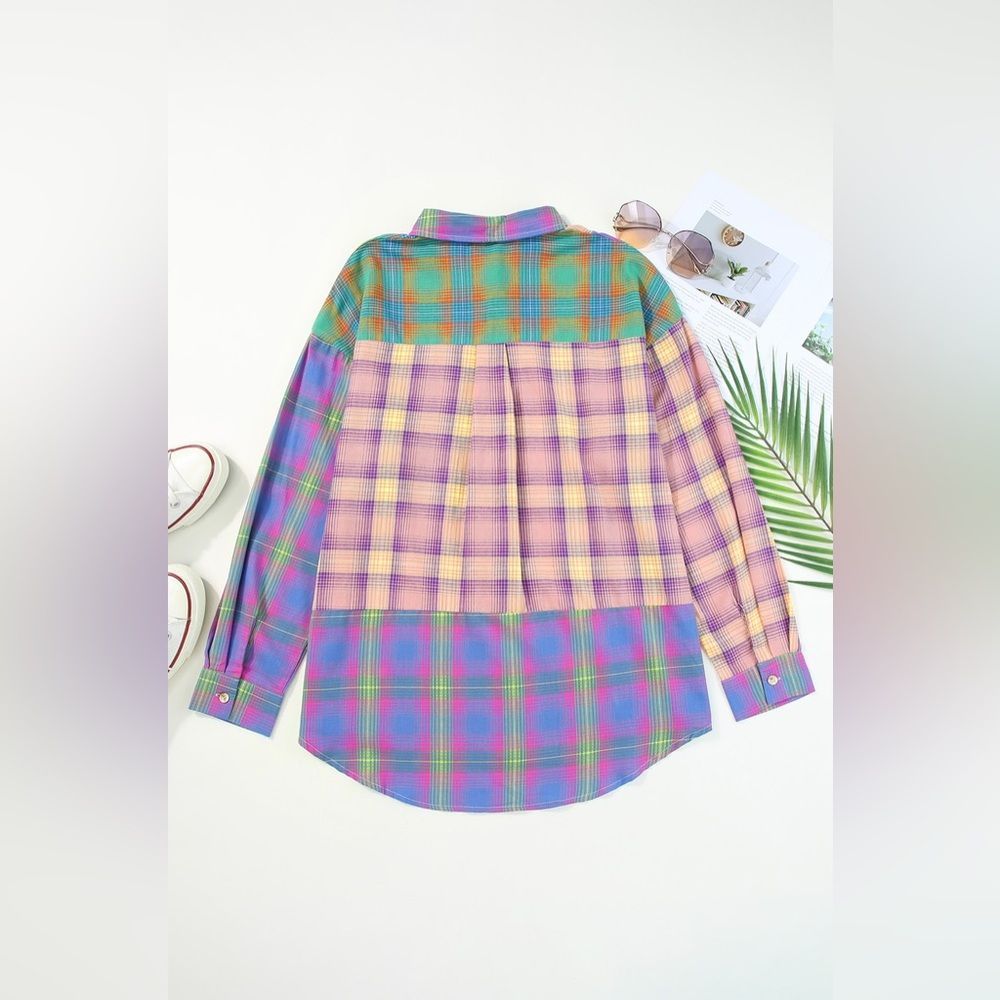Multicolored Contrast Plaid Pocketed Collared Neck Shirt - Picture 3 of 3